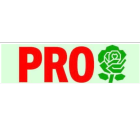 Logo PRO: PRO in rode letters en een groene roos ernaast op een lichtere groene achtergrond