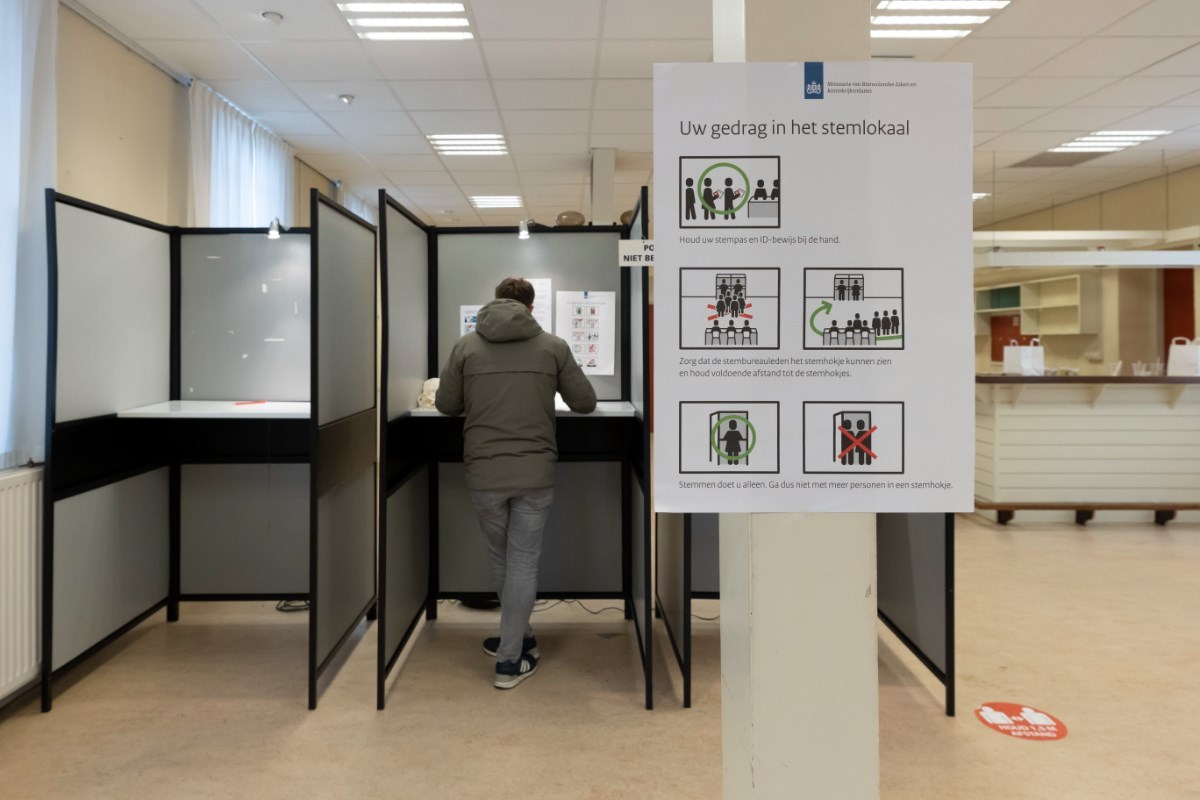 Foto van iemand die in een stemhokje staat om een stem uit te brengen van veraf op de rug gezien. 