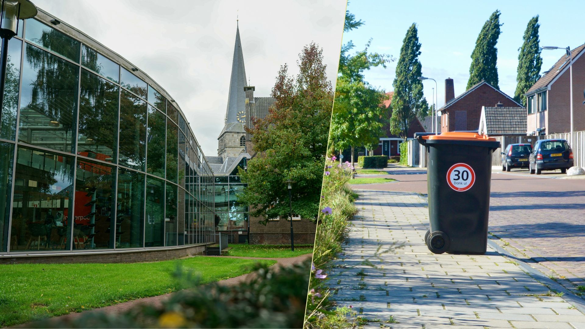 Foto bestaande uit twee delen. Links: buitenkant gemeentehuis. Rechts: grijze afvalcontainer op stoep.  
