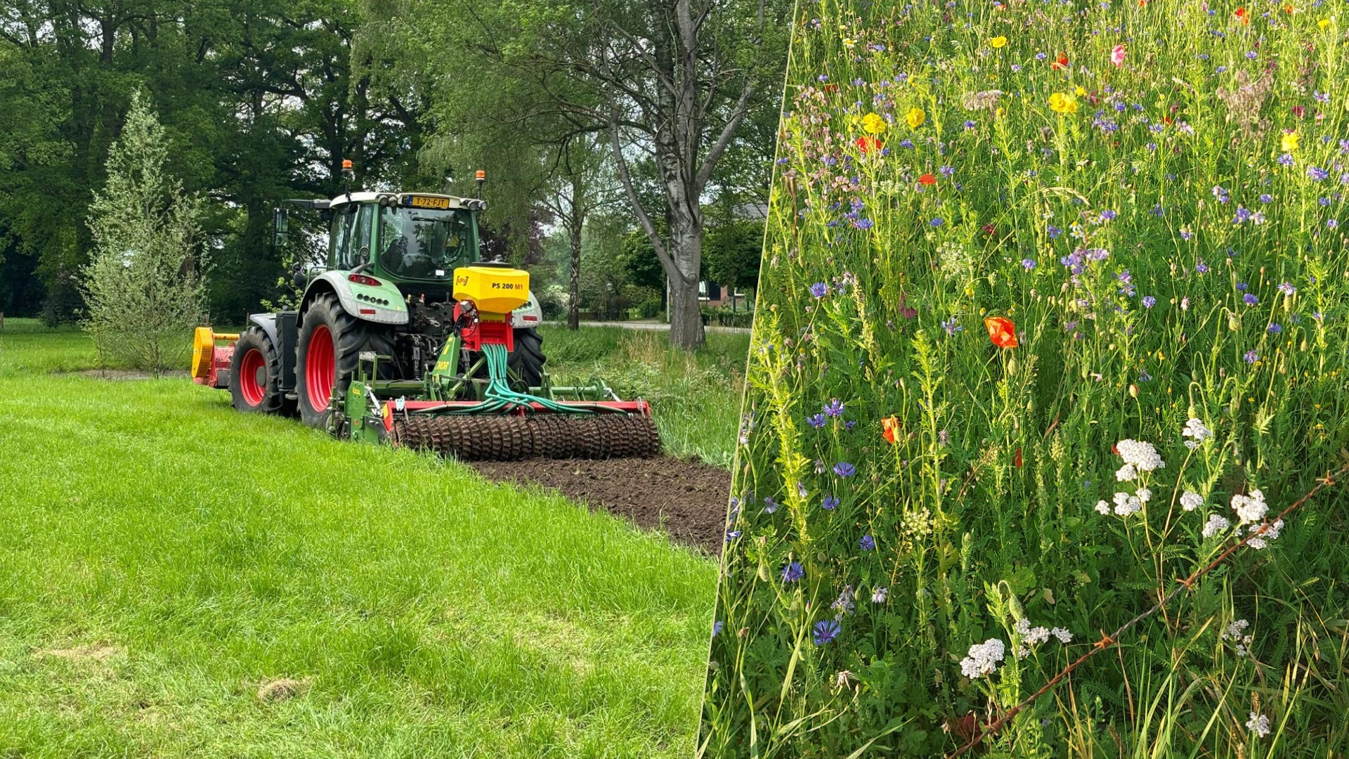 Een tractor die een grasveld maait met daarnaast een foto van planten.