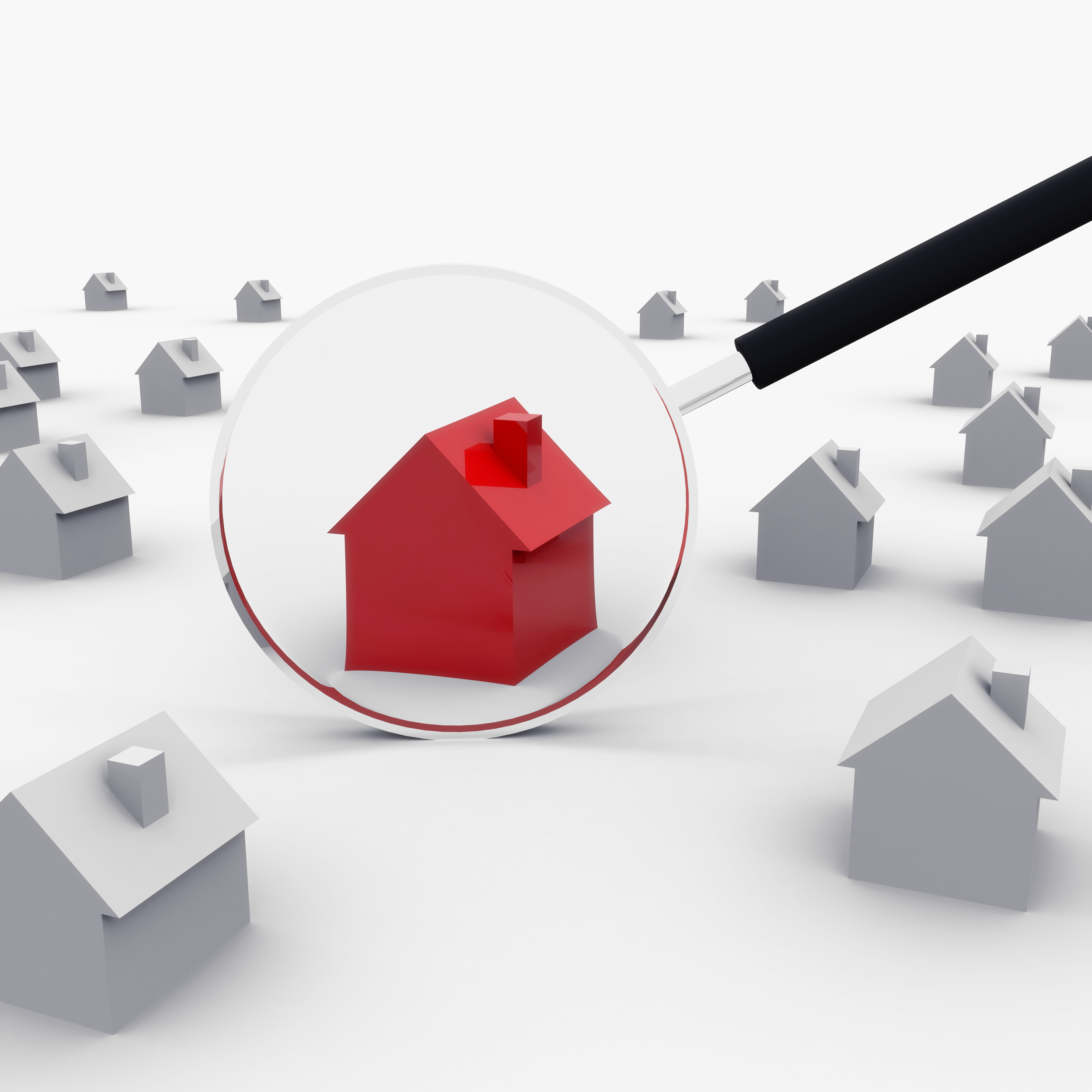 Animatie van verschillende witte huisjes met een groter rood huis in het midden waar een vergrootglas op ligt. 