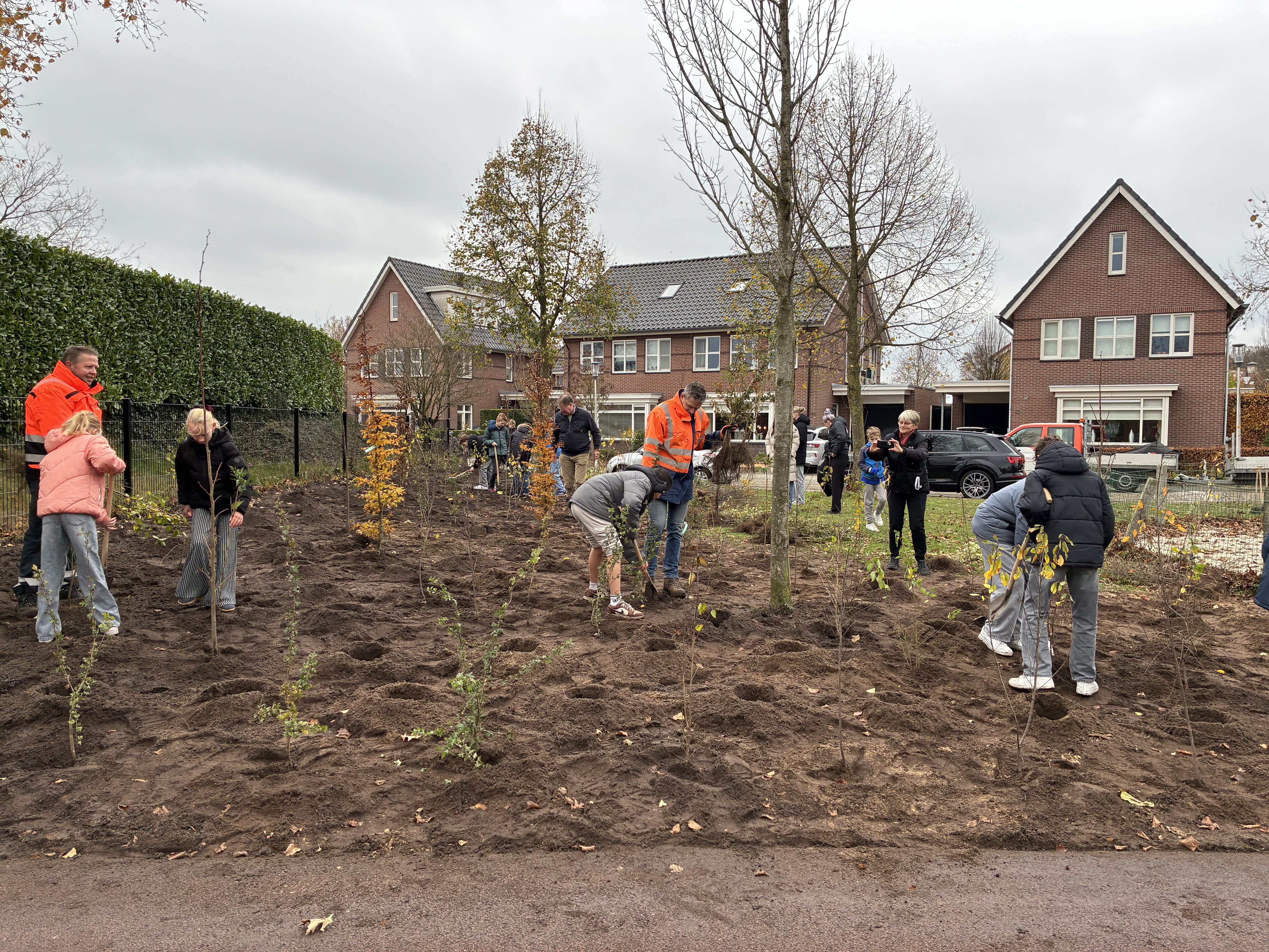 Leerlingen van basisschool Los Hoes, medewerkers van Twente Milieu en wethouder Jan-Herman Scholten planten bomen in het zand. 