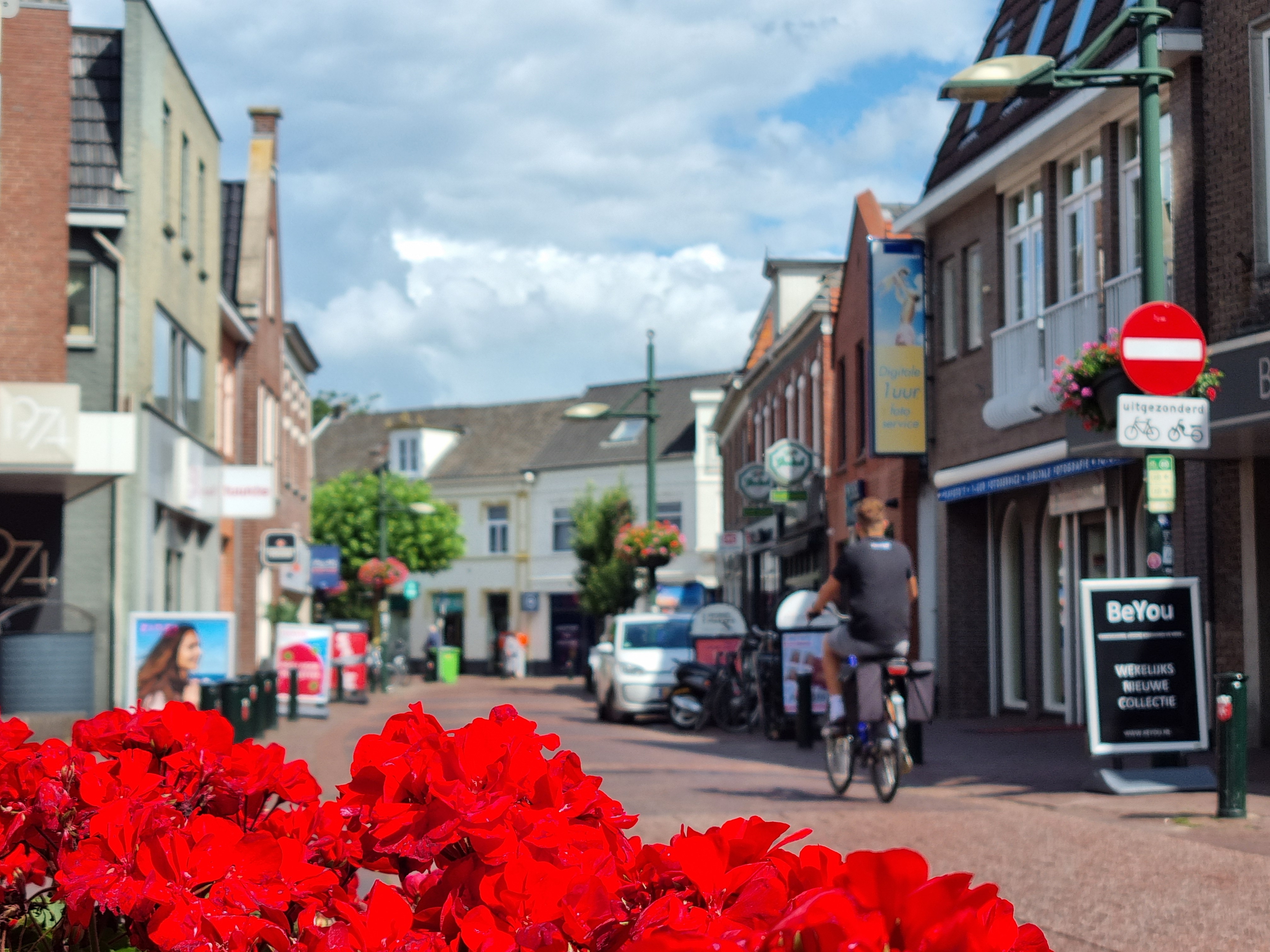 Spoorstraat met rode bloemen op de voorgrond.