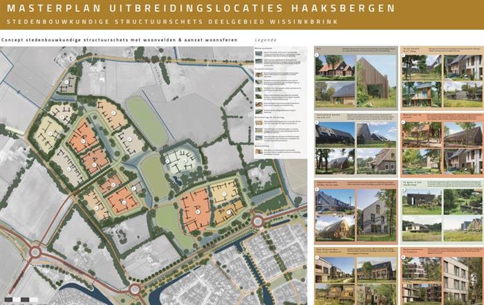 Bord met overzichtskaart Wissinkbrink met informatie waar er gebouwd gaat worden. En afbeeldingen van te bouwen woningen. 