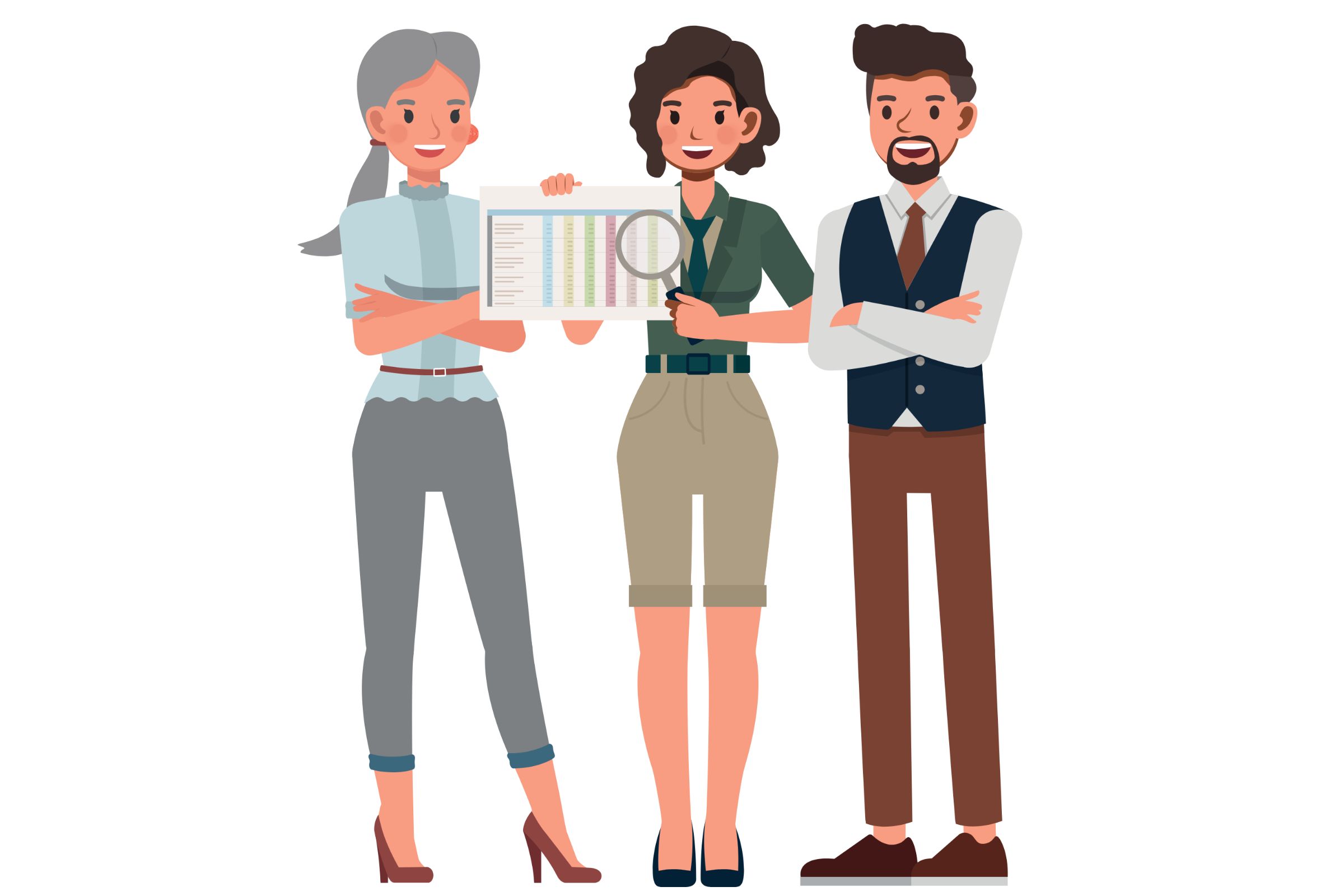 Animatie van twee vrouwen en een man die een document met cijfers omhooghouden en daar een vergrootglas bij houden. 