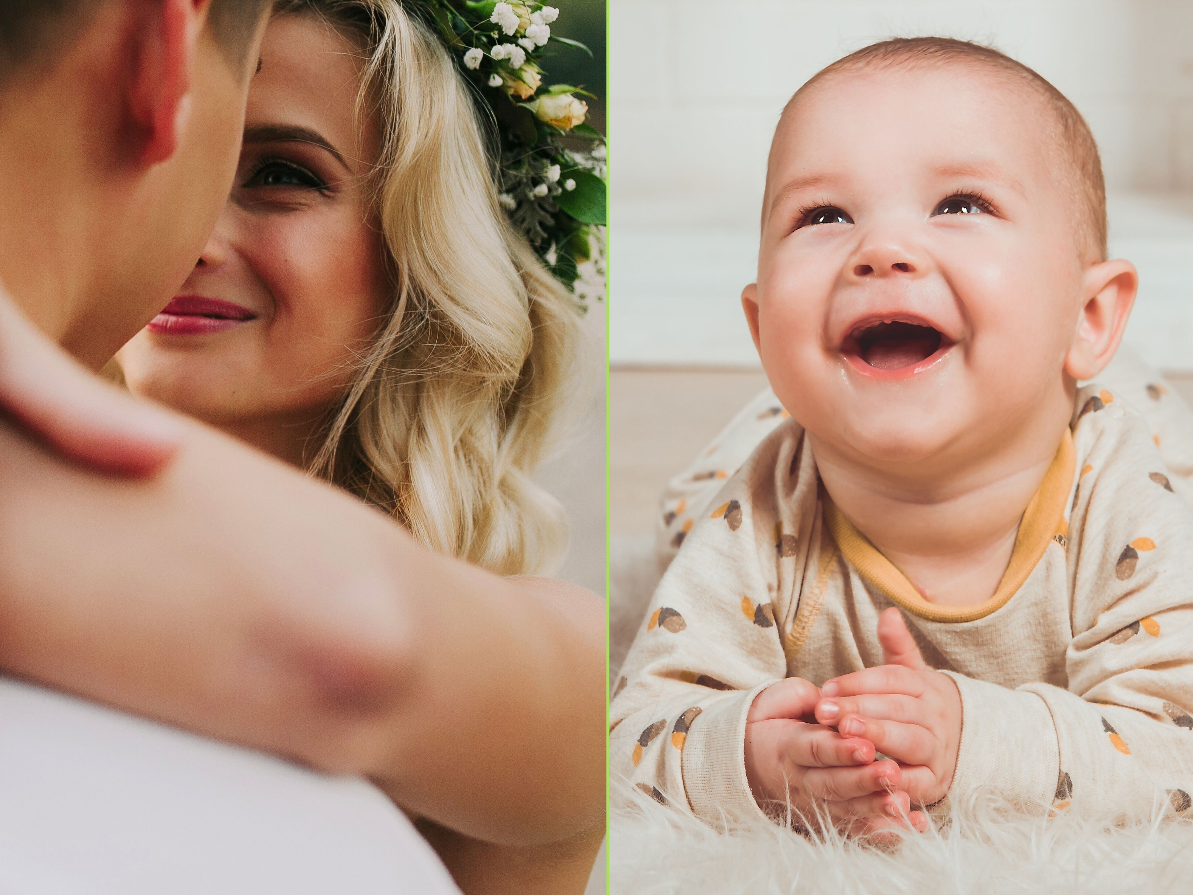Twee foto's naast elkaar: links een bruidspaar en rechts een lachende baby.