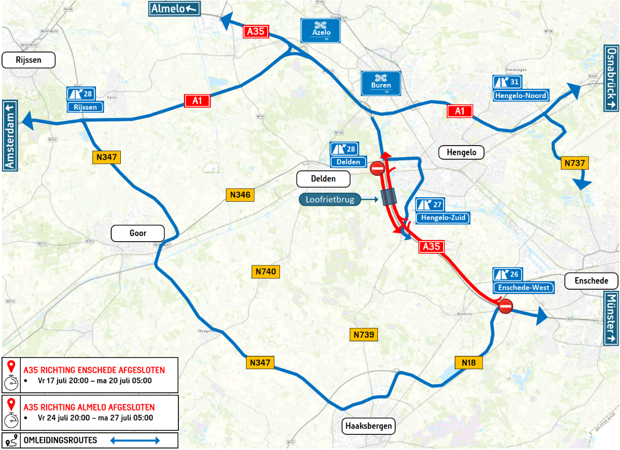 Kaartje met omleidingsroutes.