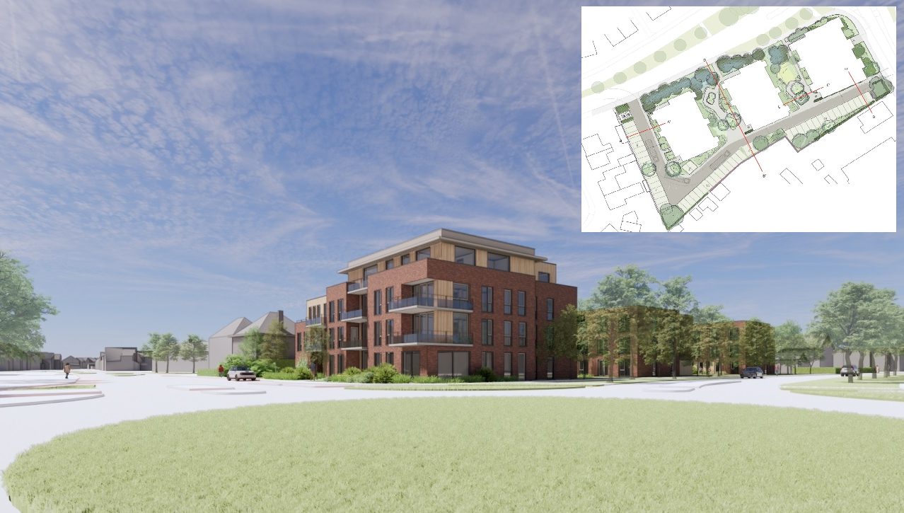 Impressie van één van de appartementencomplexen. Inzet: plattegrond van bovenaf. 