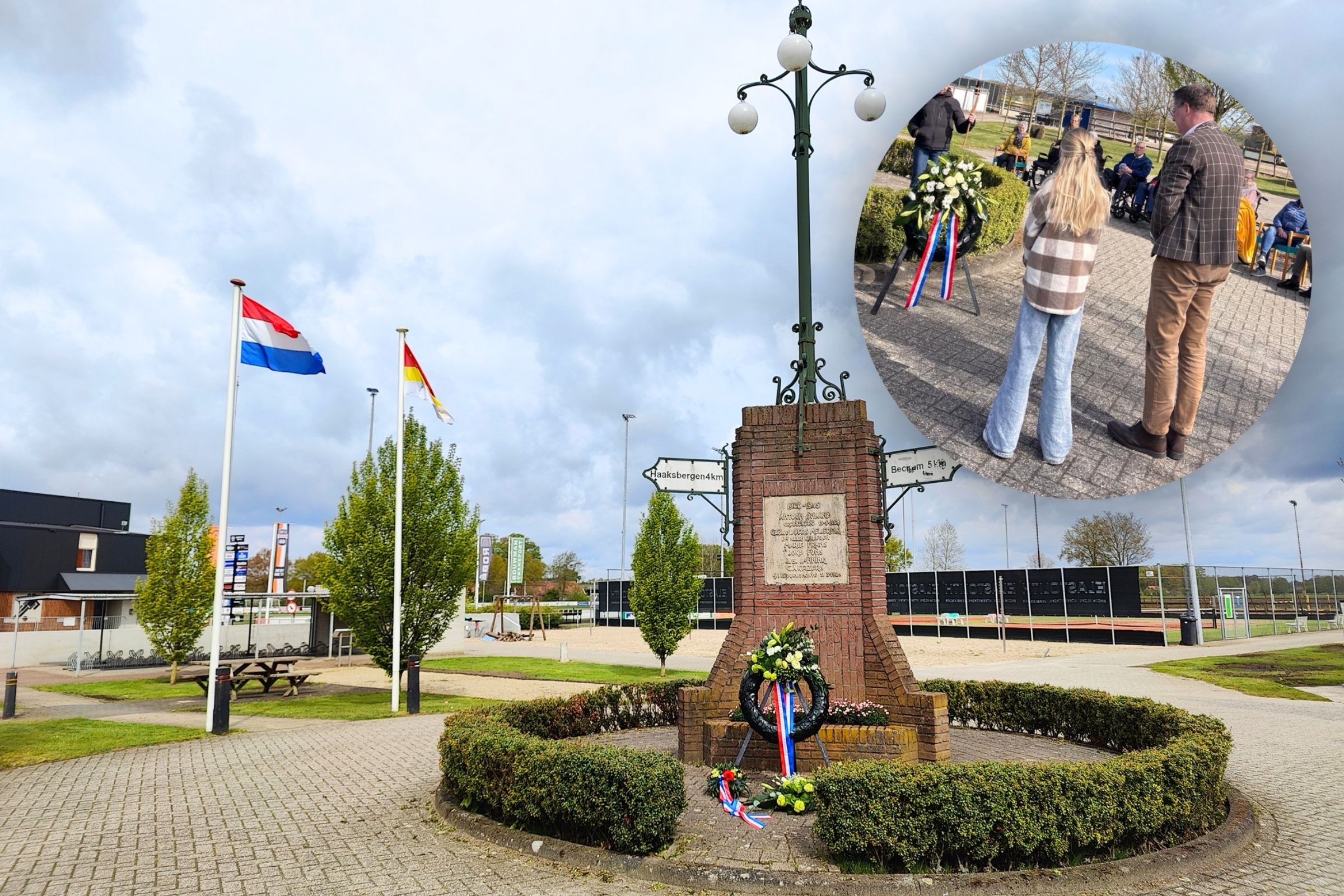 Foto van het oorlogsmonument in Sint Isidorushoeve met bloemenkrans ervoor. Inzet foto: Jan-Herman Scholten en kinderburgemeester Janna Winkelhorst voor het monument,