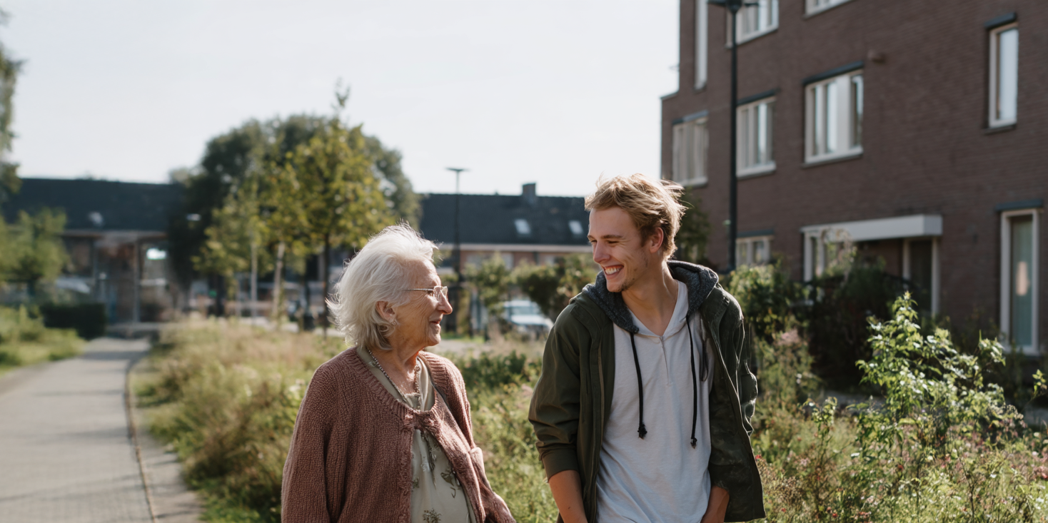 Oudere vrouw en jongeman lopen naast elkaar op de stoep en lachen naar elkaar.