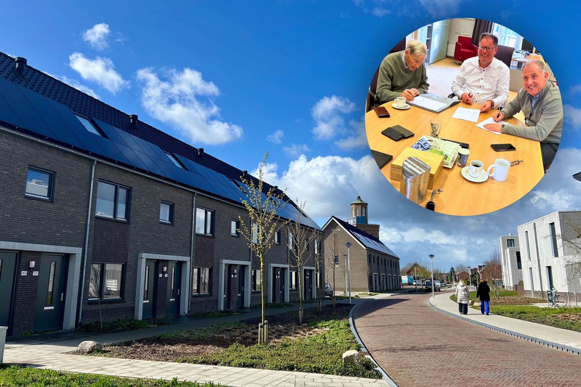 Foto van 't Kempke met bovenin als inzet een foto van wethouder Jan-Herman Scholten en vertegenwoordigers van Domijn en de Huurdersvereniging Haaksbergen die de prestatieafspraken ondertekenen.