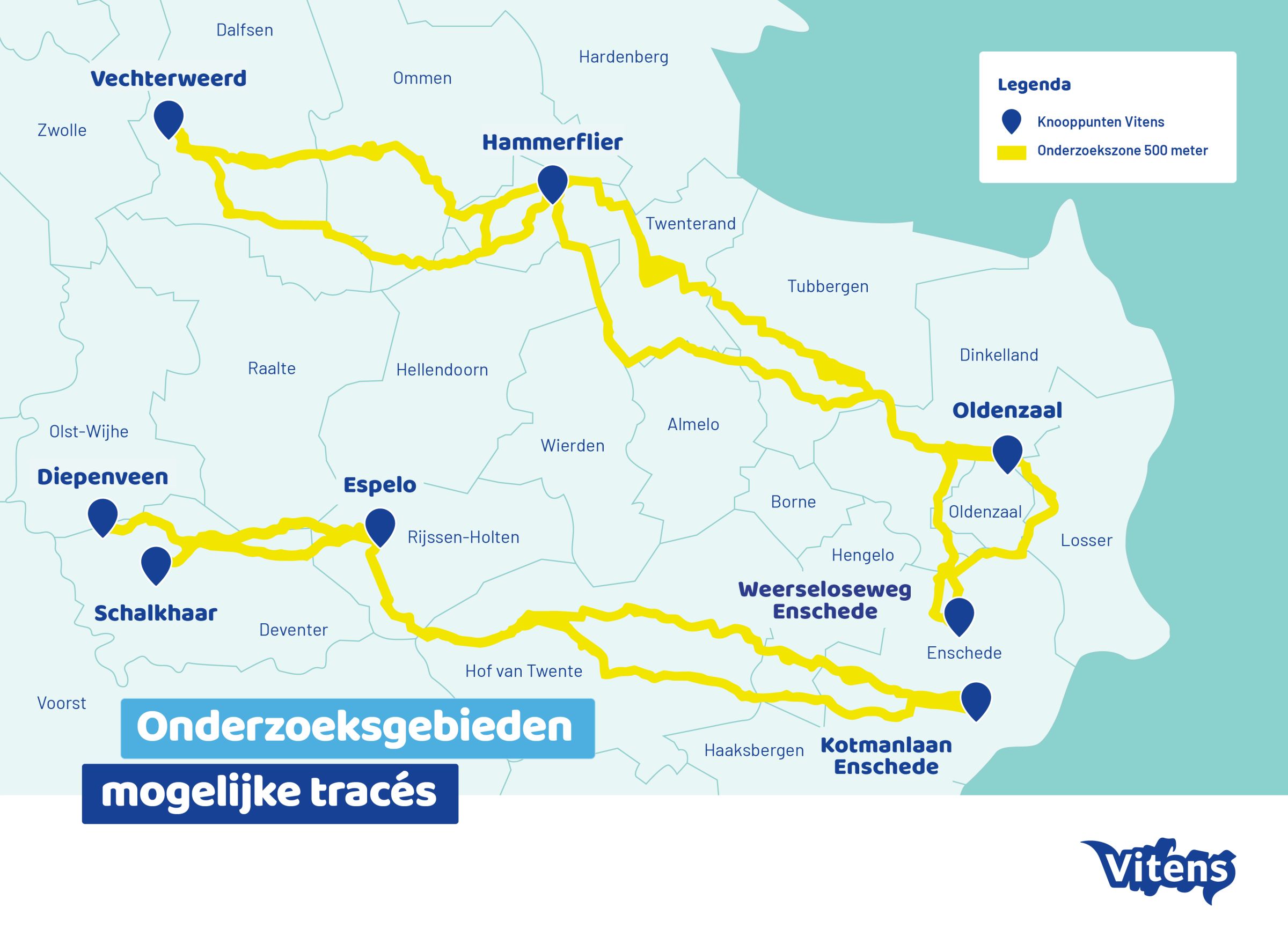 Kaart van Overijssel met de twee tracés als gele strepen zichtbaar.