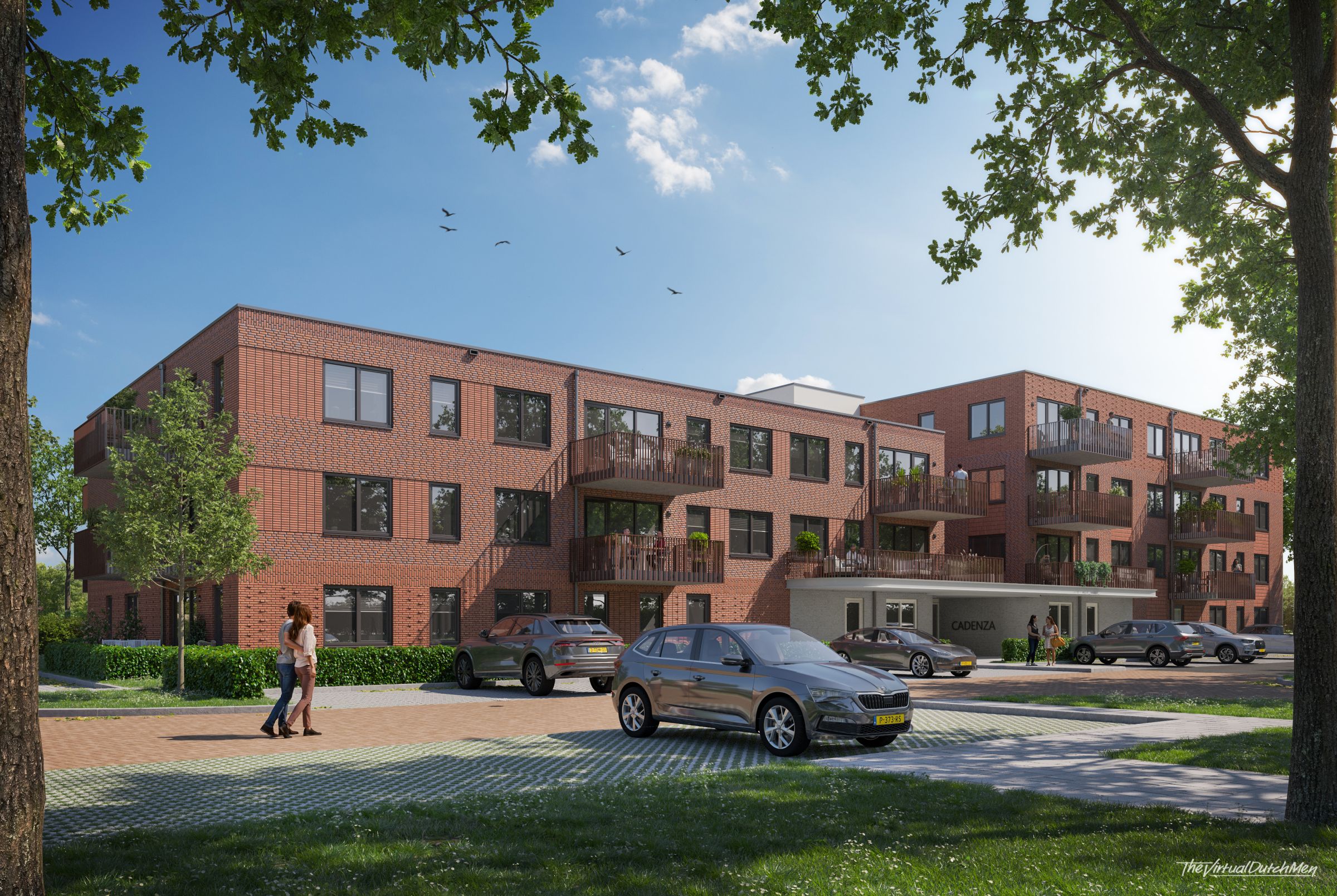 Impressie van het vooraanzicht van appartementencomplex Cadenza.